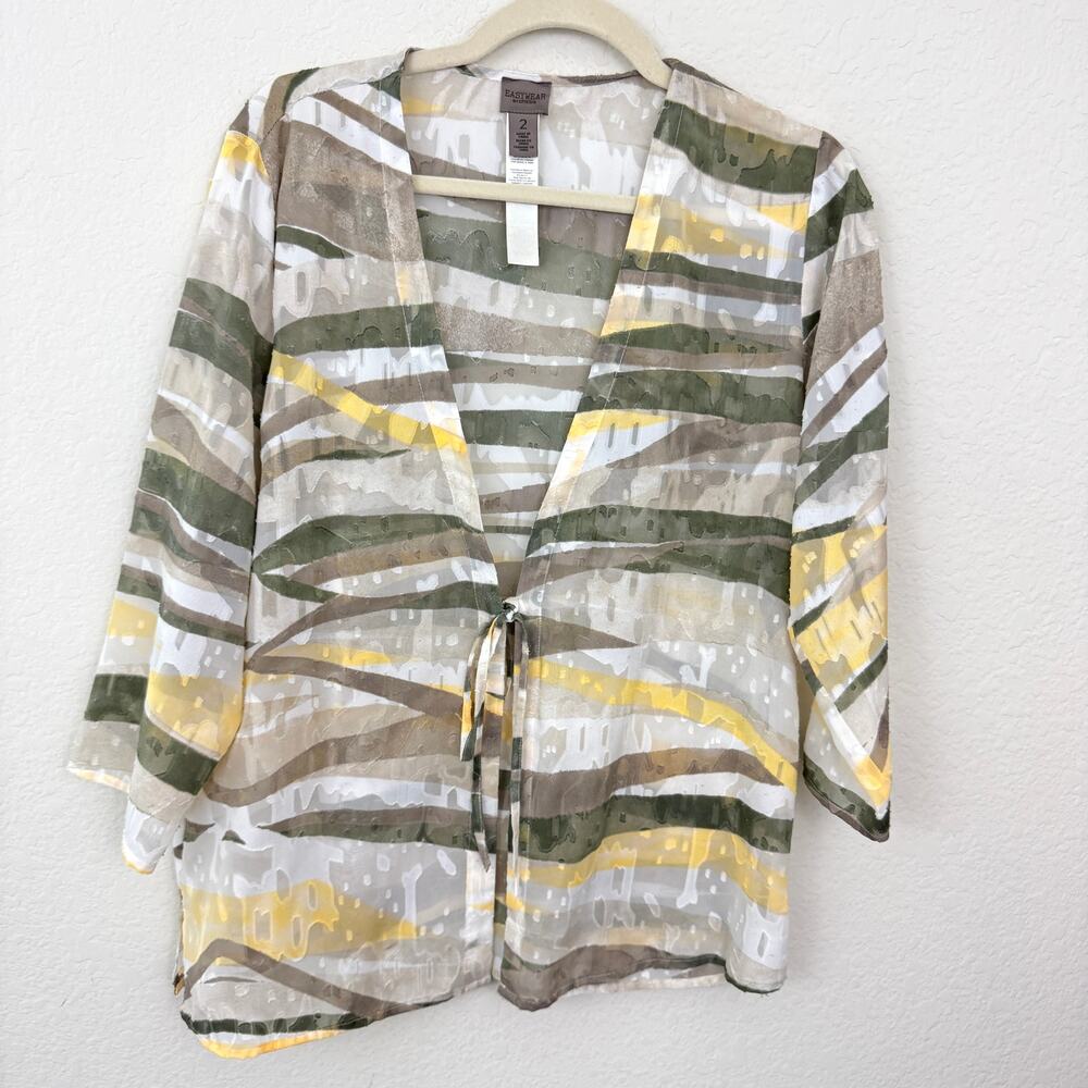 Chico's Womens Easywear Blouse Top Size L Burnout Sheer Open Tie Flowy Tan